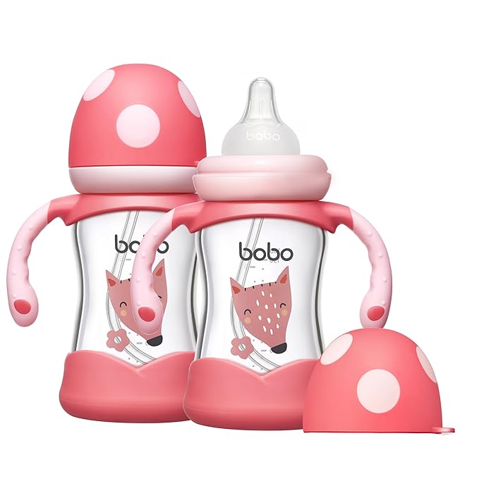 YOHKOH Natural Glass Baby Bottle with Natural Response Nipple, Wide Neck Baby Bottles with Handle, Newborn Anti-Colic Baby Bottles Gift Set, Clear (5.4oz (Pack of 2), Red)