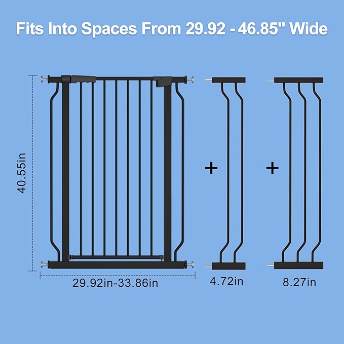 WAOWAO Extra Tall 40.55" Baby Gate 29.92-46.85" Wide Pressure Mounted Walk Through Swing Auto Close Safety Black Metal Toddler Child Dog Pet for Indoor Stairs,Doorways,Kitchen