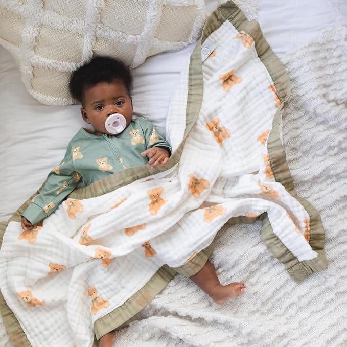 100% Cotton Muslin Baby Blanket | Soft & Breathable 6-Layer Baby Blanket | Lightweight Quilt for Newborns, Infants & Toddlers | Gender-Neutral (Teddy Bear)
