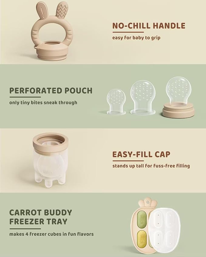 2 Packs Baby Fruit Feeder & Freezer Nibble Tray Combo, Push Pop Baby Food Feeder to Safely Introduce New Foods, Fresh & Frozen Food Silicone Feeder, 100% Food Grade, BPA Free (Caramel & Olive)