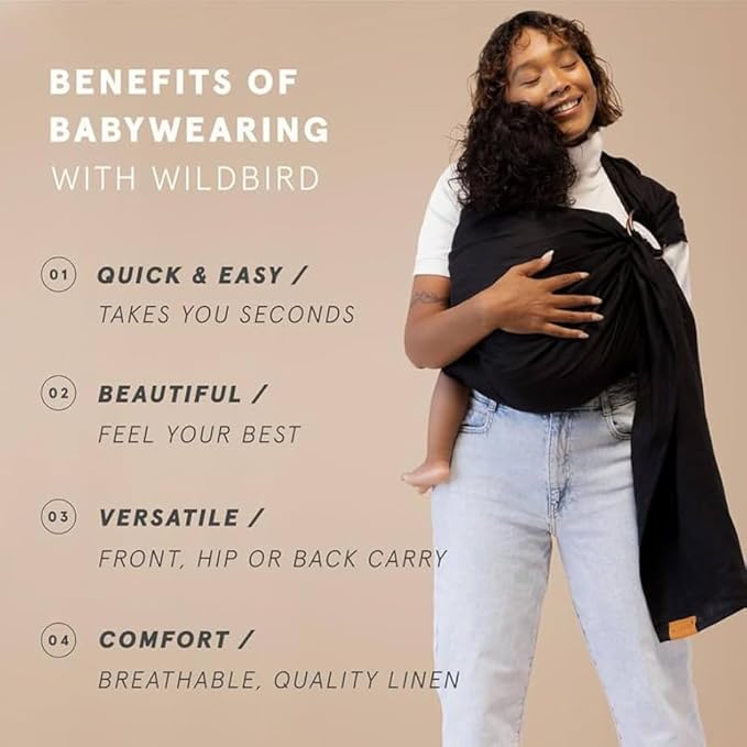 WildBird - Ring Sling Baby Carrier - Newborn to Up to 35 lbs - for Moms, Dads & Caregivers - 100% Natural European Linen Fibers - Versatile & Adjustable - 74” Size - Raven Fabric & Bronze Ring