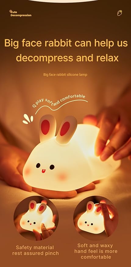ATSUI Rabbit Night Light, LED Squishy Novelty Animal Night Lamp, Food Grade Silicone 3 Level Dimmable Nursery Nightlight for Desk Decor, Funny Gifts Stuff for Boys Girls Baby, White Elephant Gifts