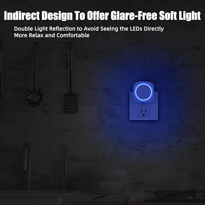 LED Night Lights Plug into Wall, Indirect Soft Dimmable Night Light with Dust to Dawn Sensor, Blue Nightlight for Bedroom,Bathroom,Kitchen,Stairs,Hallway,Travel, 4 Packs, Blue