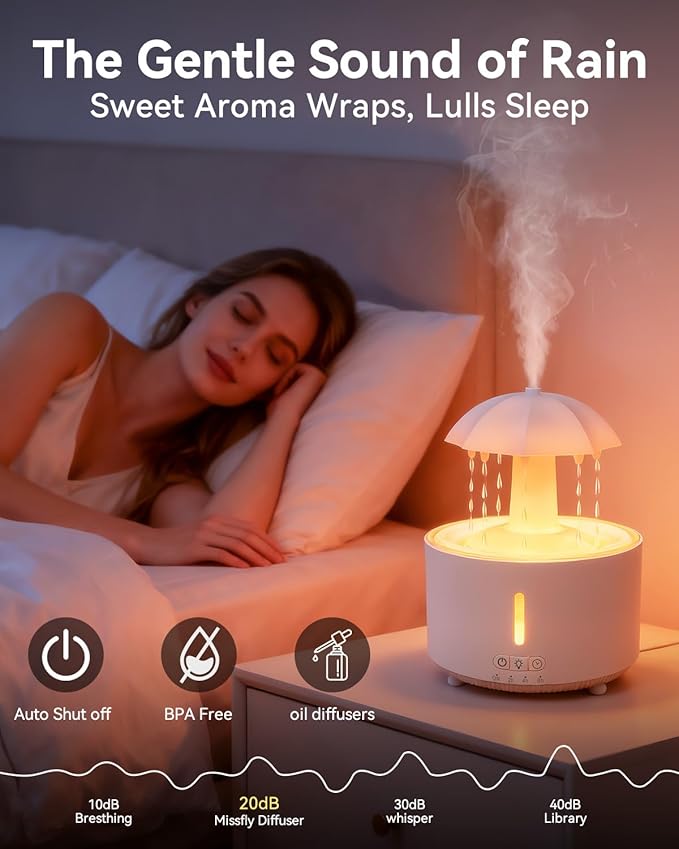 Missfly Aromatherapy Diffuser,Clouds and Cool Mist Humidifier,360° Rotatable,Super Quiet, Easy to Fill & Clean, Auto Shut-Off,300ml Essential Oil Diffuser for Bedroom Home and Office (White)