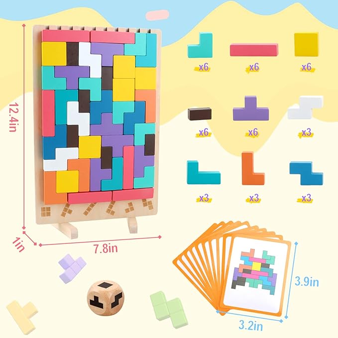 JONEG Games for 3+ Year Olds Kids- Wooden Stacking Puzzles Tetris - Brain Teasers 3D Russian Blocks Board - STEM Montessori Toys for Ages 3 4 5 6 7 10 - Gift for Toddlers Classroom Travel