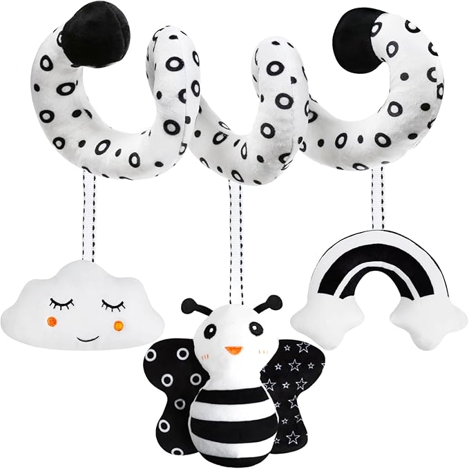 Baby Spiral Hanging Stroller and Car Seat Toys Black and White High Contrast Sensory Toy Newborn Plush Activity Toys Party Favors Quality Gifts for Baby Shower -BEE