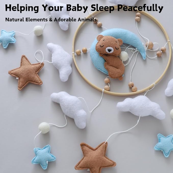 Sleeping Bear Crib Mobile Handmade Soothing Bedtime Nursery Decor for Boys and Girls Felt Night Mood Crib Mobile Easy to Assemble and Durable Gift (Blue Sleeping Bear)