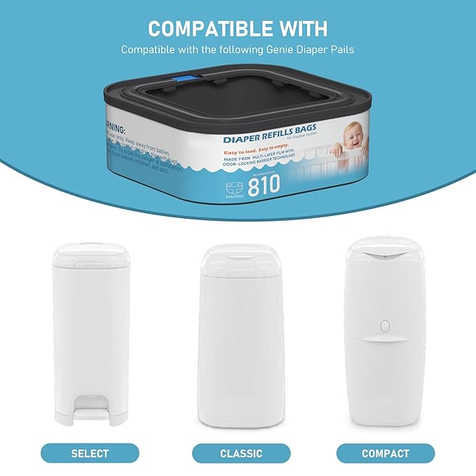 Jumbo Square Refills Disposal Bags Refill Compatible with Diaper Genie Classic, Compact and Select Pails, Hold Up to 810 Newborn-Sized Diapers Per Refill, Baby Powder Scent, 5 Packs