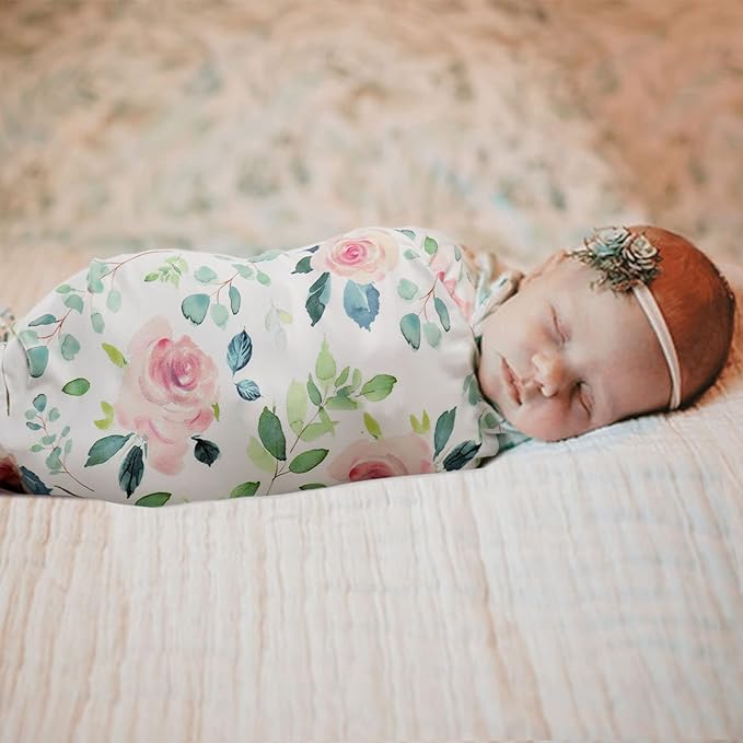 GRSSDER Baby Blankets Super Soft Stretchy Jersey Swaddle Blanket 2 Pack for Baby Girls, Double Layer Reversible Receiving Blankets 34 x 44, Extra Large for Swaddling, Pink Rose & Fruit