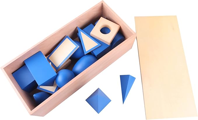 Montessori Toys for 3+ Year Old Blue Geometric Solids Blocks Set 3D Wooden Geometric Shapes Math Games Sensory Toys Blocks for Toddlers Preschool Learning Materials