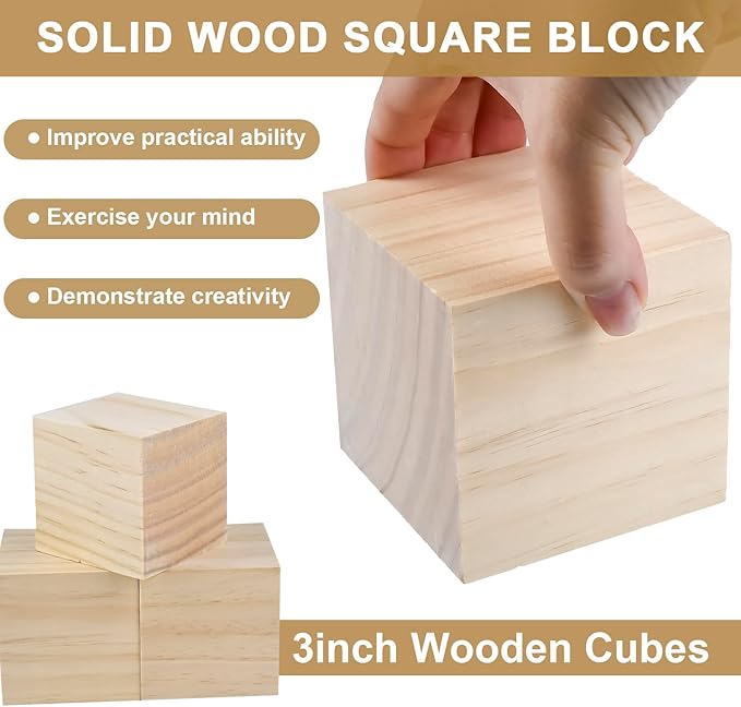 3 Inch Natural Unfinished Solid Wooden Cubes for Crafting, Carving, DIY Projects - 3 Pack Square Blocks for Puzzle Building, Art Painting & Woodworking