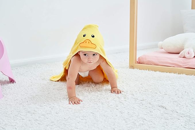 HIPHOP PANDA Hooded Towel - Rayon Made from Bamboo, Bath Towel with Bear Ears for Newborn, Babie, Toddler, Infant - Absorbent Large Baby Towel - Yellow Duck, 37.5 x 37.5 Inch