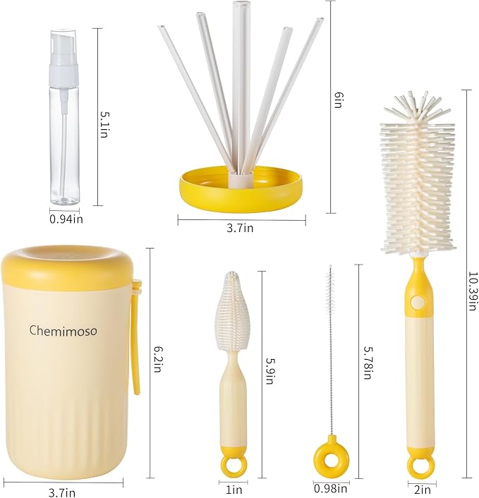 Chemimoso Travel Silicone Baby Bottle Cleaner Brush Set, Foldable Baby Bottle Drying Rack, Essential Cleaning Set for Outdoor Travel, Orange and Green
