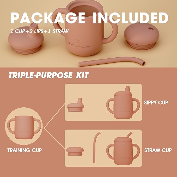 Cuddle Campus Sippy Cups 7OZ, [4 in 1] Baby Cups, Shatterproof Silicone Straw Cup,Open Cup for 6M, 6M+,6-12 Months,1/1+ Year Old Baby,Toddler