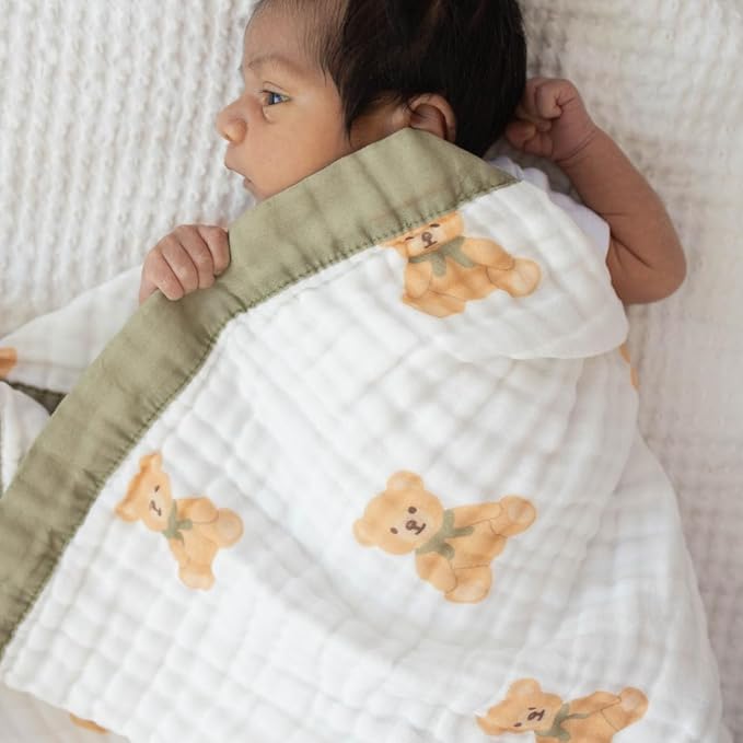 100% Cotton Muslin Baby Blanket | Soft & Breathable 6-Layer Baby Blanket | Lightweight Quilt for Newborns, Infants & Toddlers | Gender-Neutral (Teddy Bear)