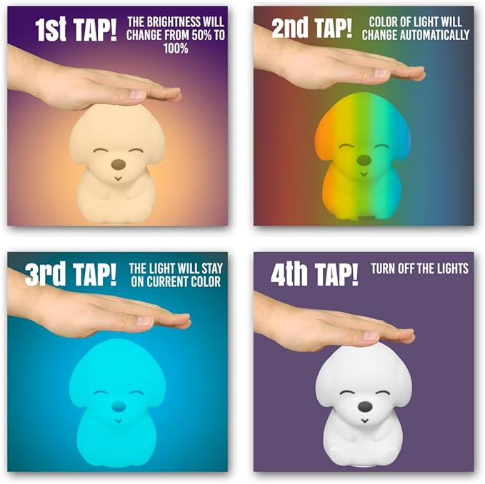 AULTRA Night Light for Kids – 16 Color USB Rechargeable Dog Lamp for Baby Nursery, Soft Silicone Night Light, 2 Brightness Levels, 10-Hour Use, Squishy Puppy Gift for Boys & Girls