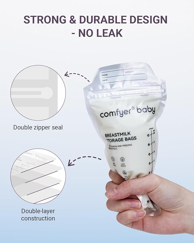 150 Pcs Breastmilk Storage Bags, 8oz Large Capacity, No Leak, Easy Storage with Self Sanding or Lay Flat, in-Out Seperate Design, Recyclable & BPA Free