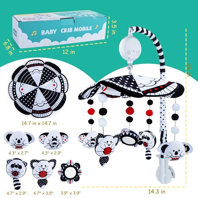 Baby Crib Mobile, Baby Mobile for Crib with Mirror, Black and White High Contrast Mobile Toy for Newborn Infants Boys and Girls, Baby Mobile Hanging Rotating Crib Toys Nursery Crib Toys, Knob Type