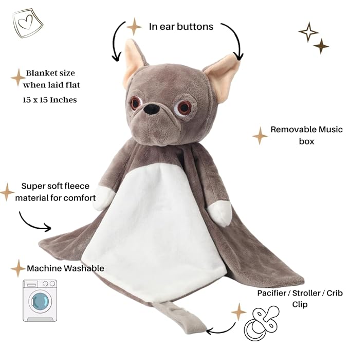 Love By Emi Baby Music Lovey Brown Bulldog, Baby Sleep Soother for Crib & Cuddle Bedtime, White Noise with Heartbeat & Lullaby, Plush Sound Machine Toy, Stuffed Animal for Newborns, Infants & Toddlers