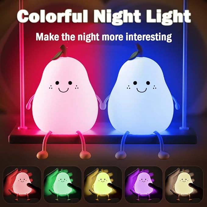 LED Cute Pear Night Light, Silicone Fruit Pear Lamp with Remote, Squishy Kawaii Bedside Cute Lamp, Adjustable Brightness NightLight for Bedroom, Rechargeable Soft Glow NightLight for Room Decoration