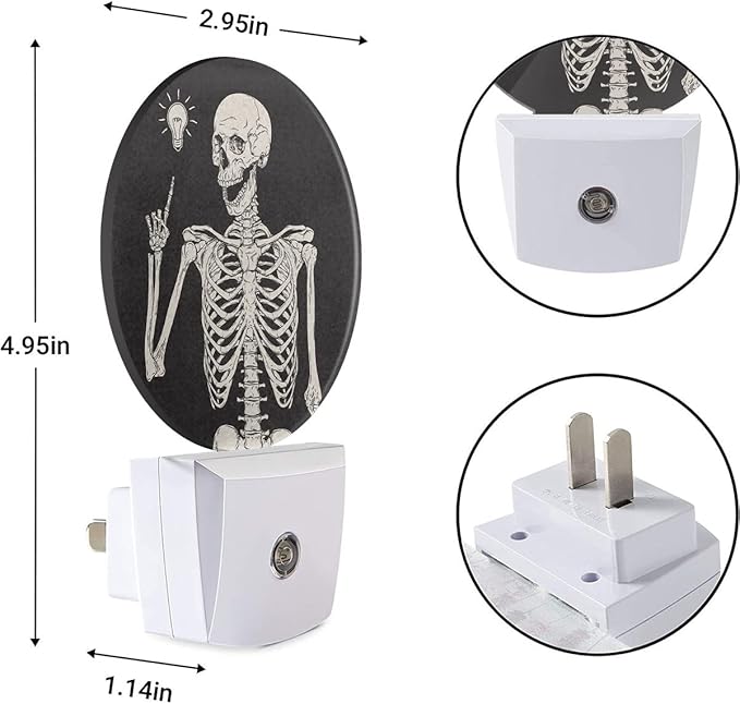 EKOBLA Funny Skull Night Light Human Skeleton Posing Rock Music Pose Black White Night Lights Plug into Wall Auto on/Off Led Lamp for Boys Girls Men Women Halloween Holiday Gifts