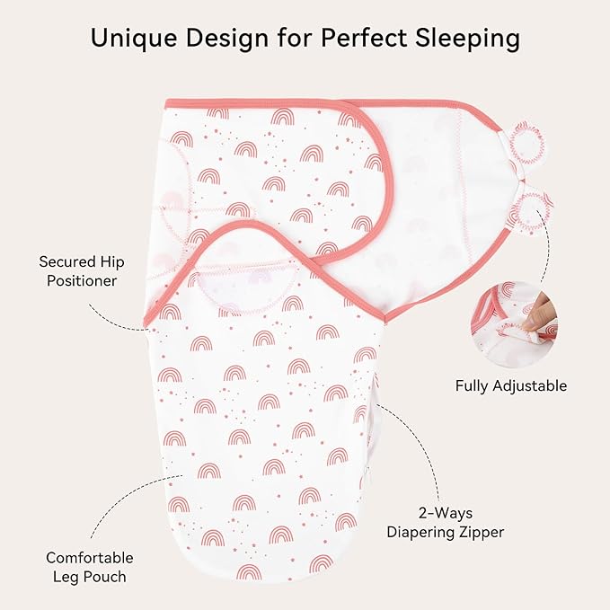 Baby Swaddles for Newborns with Zipper, 100% Cotton Newborn Swaddle Sack, 3 Pack Baby Swaddles 0-3 Months Swaddle Sleep Sack for Newborn Baby Boy Girl White Pink Rainbow