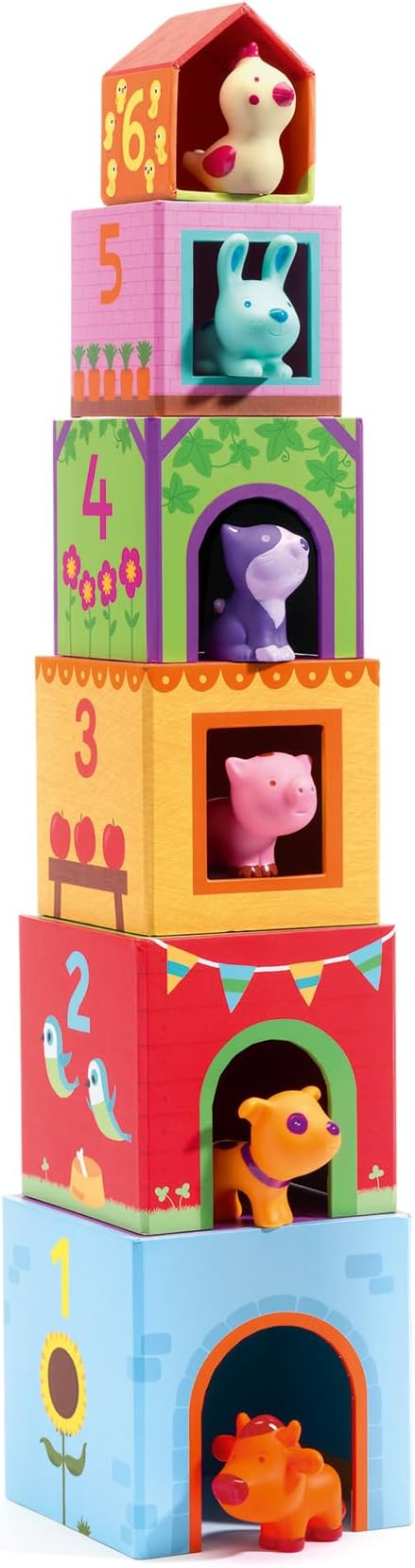 DJECO - Topanifarm Blocks - Build a Farm, Wooden Blocks & Animal Toys - Sorting & Stacking - Enhances Fine Motor Skills - Durable Playtime - Cute Design - Preschool Kids 18+ Months