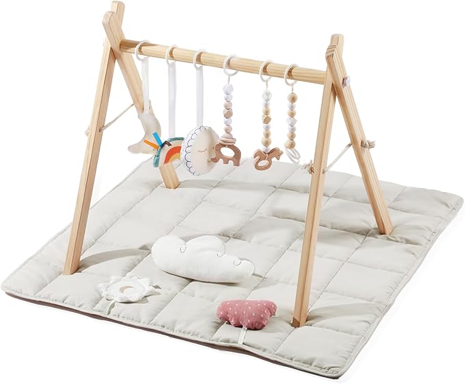 little dove Baby Gym with Mat, Wooden Play Gym with 9 Sensory Toys, Foldable Baby Play GymFrame Activity Center, Natural Pine Wood, Montessori Toys, Easy to Assemble & Clean, Natural Color