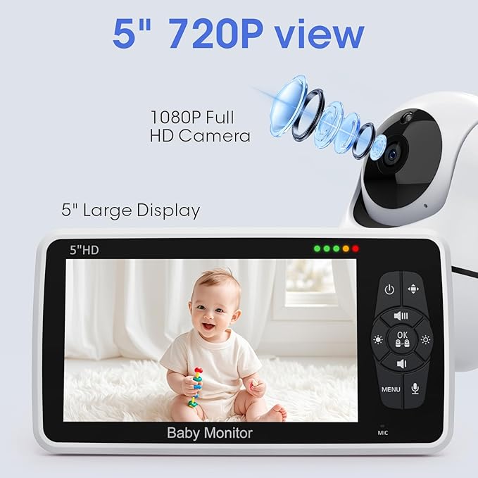 Babystar Baby Monitor with Camera and Audio, 720P HD Resolution 5" Display, Up to 22 Hour Battery, Remote Pan-Tilt-Zoom, No WiFi, VOX, Night Vision, 2-Way Audio, Lullabies, Temperature Sensor