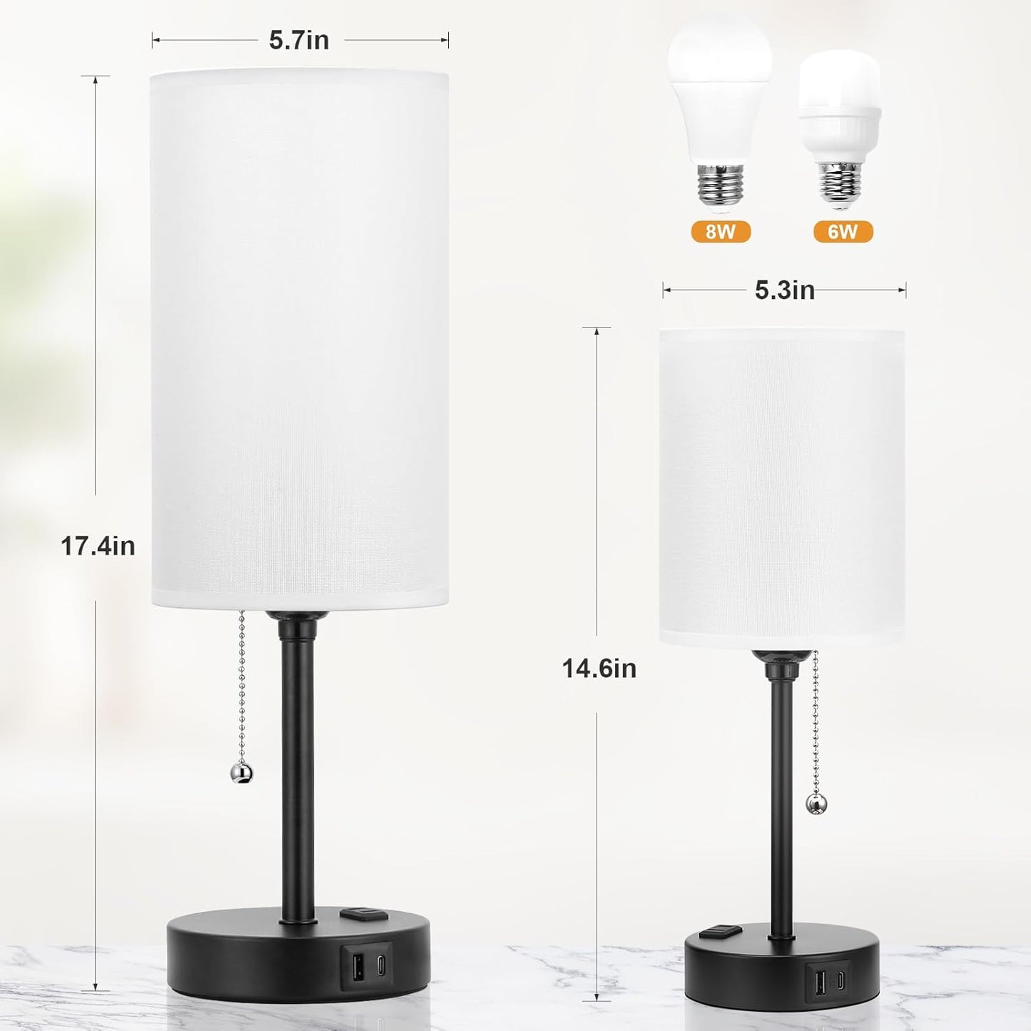 Dicoool 17Inch Tall Bedroom Lamps with USB C and A Ports 3 Color Temperatures - Pull Chain White Nightstand Bedside Table Lamp with AC Outlet, Side Lamp for Living Room End Table