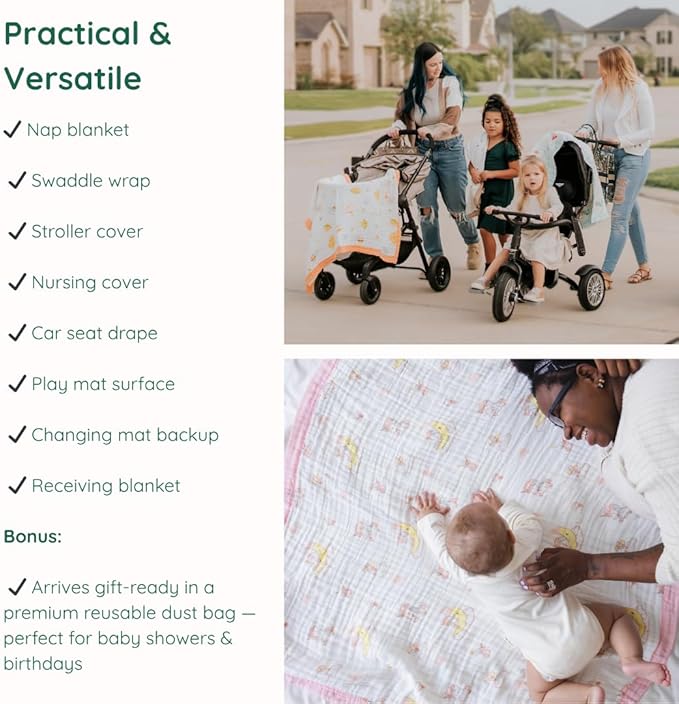 100% Cotton Muslin Baby Blanket | Soft & Breathable 6-Layer Swaddle & Receiving Blanket | Lightweight Quilt for Newborns, Infants & Toddlers | Gender-Neutral (Dinosaur Dreams)