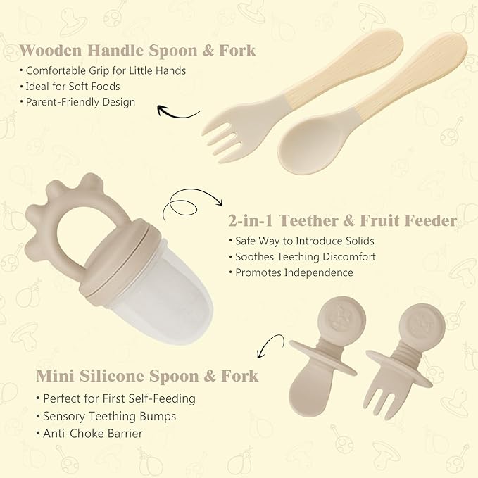 12 Piece BPA-Free Silicone Baby Feeding Set,Non-Slip Suction Plates,Soft Baby Bowls, Wooden Utensils & More ，Make Feeding Time Safe,Dishwasher Safe – Ideal for 6+ Months