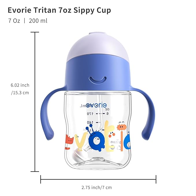 Evorie Tritan Weighted Straw Sippy Cup with Handles for Baby and Toddlers, Spill Proof Baby Water Bottle with Straw for 6 months and up, 7 Oz, Infant Training Water Bottle (Wathet)