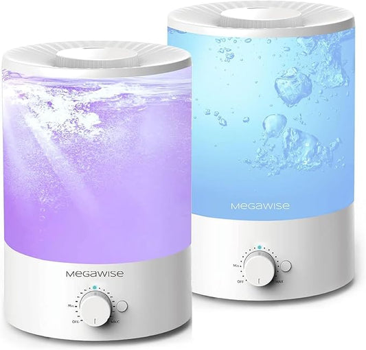 Megawise Cool Mist Humidifier | 2 Pack of 3.5L Capacity Top Refill for Nursery, Bedroom, Home and Office + Super Quiet Ultrasonic Vaporizer.