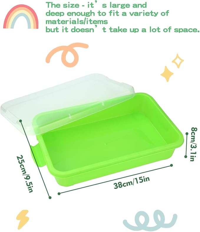 Sensory Bin Sand Tray with Lid for Toddlers 2 Pcs 15in Portable Sandbox Toy Large Plastic Tray for Kids 3 4 5 6 Fill with Sand, Water, Beads, and More (2 Green)