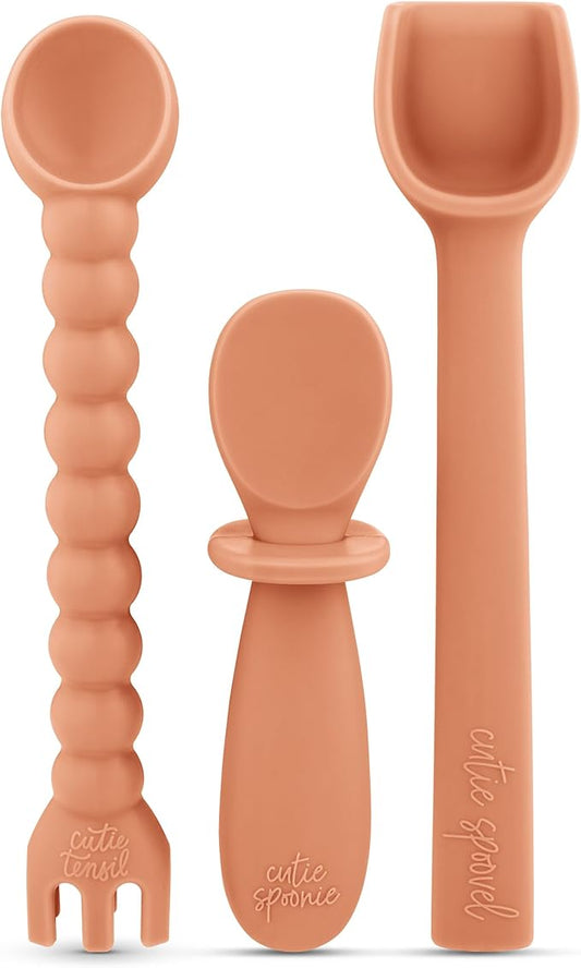 Ryan & Rose Ultimate Baby Utensil Set of 3 Silicone Baby Spoons Silicone feeding set for baby led weaning, self feeding 6 months, toddler utensils (Terracotta)