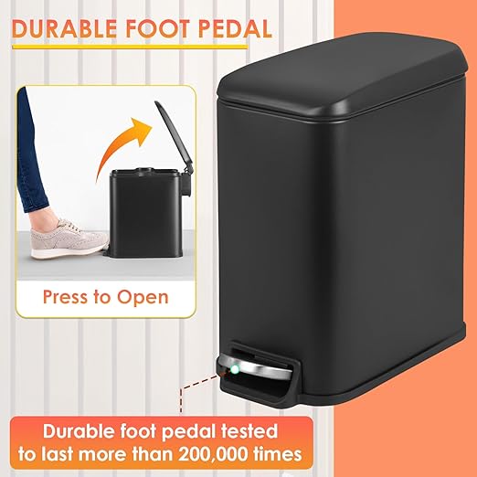 PayLessHere Slim Trash Can, 1.3 Gallon Bathroom Trash Can with Lid, Small Black Stainless Steel Waste Bin with Removable Inner Bucket for Home, Office, Restroom (5Liter)