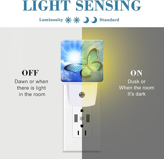 Butterfly Blue Sunny Sky Night Light With Dusk to Dawn Sensor for Kids, Girls, Boys, Women, Men - Room Decor, Hallway, Kitchen, Bathroom, Nursery, Stairs
