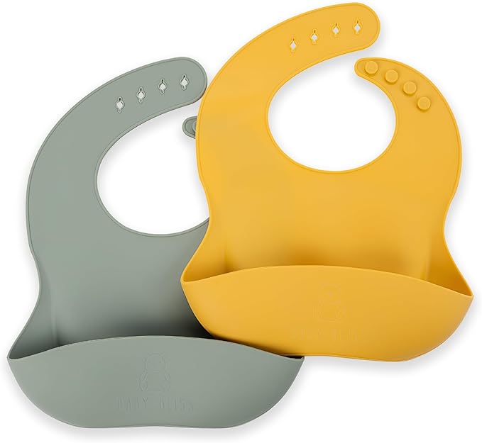 Silicone Bib 2-Pack: Safe, Non-Toxic, Food-Grade. Waterproof, Adjustable Neck Band, Easy-Clean Pouch Catcher.