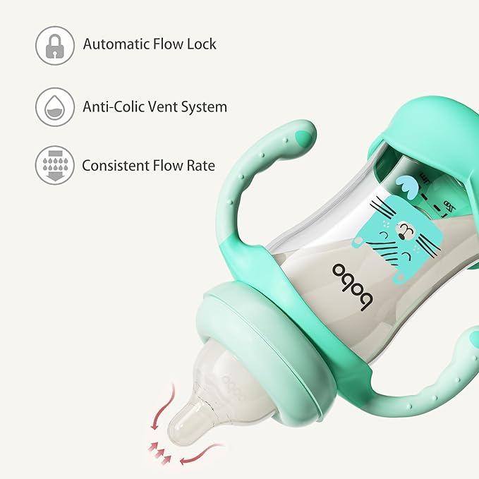 YOHKOH Natural Glass Baby Bottle with Natural Response Nipple, Wide Neck Baby Bottles with Handle, Newborn Anti-Colic Baby Bottles Gift Set, Clear (5.4oz (Pack of 4), Blue)