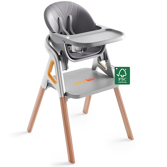 CoziBB Baby High Chair, 6-in-1 Convertible Growing Baby High Chair for Infants and Toddlers with Adjustable Plates and Seats, 5-Point Seat, Grey