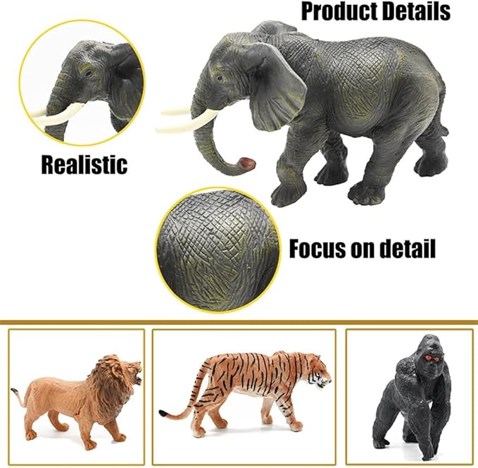 65PCS Safari Animals Figures Toys, Realistic Plastic Jungle Zoo Wild Animals with Fence Building Blocks Storage Box Christmas Birthday Gift for Kids 3-8