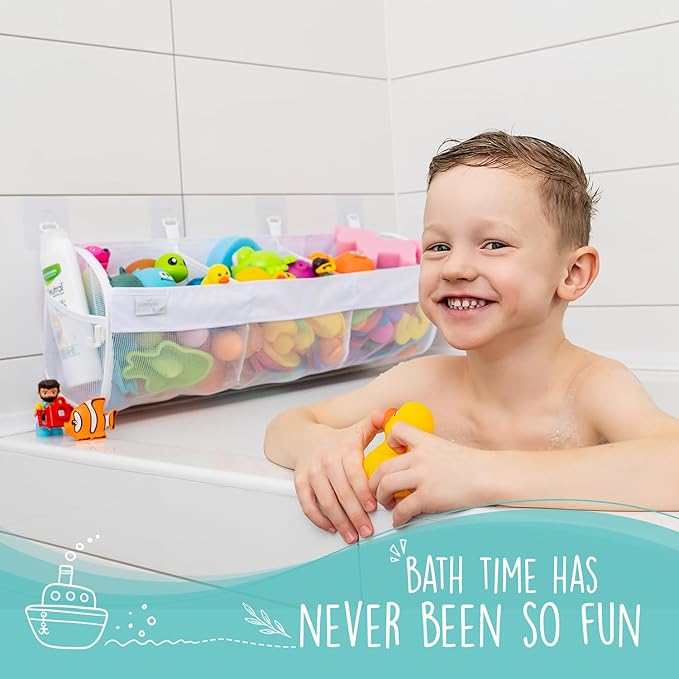 Comfylife Large Bath Toy Organizer – 3 Compartment Bath Toy Holder for Bathtub & Shower – Quick-Dry Mesh with 4 Strong Adhesive Hooks – Kids Toys Storage Net for Bathroom, shower & Tub