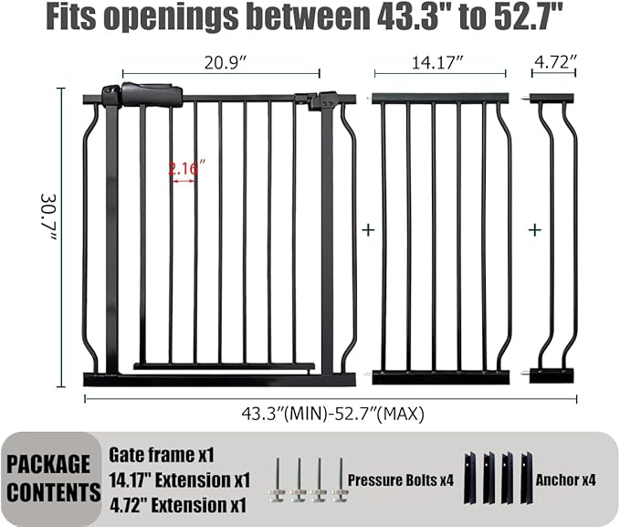 Extra Wide Baby Gate 48-52.7 Inch - Tension Mounted Dog Gate Indoor for Banisters & Wide Hallways - Black Metal, Walk-Through Safety Gate for Kids & Pets