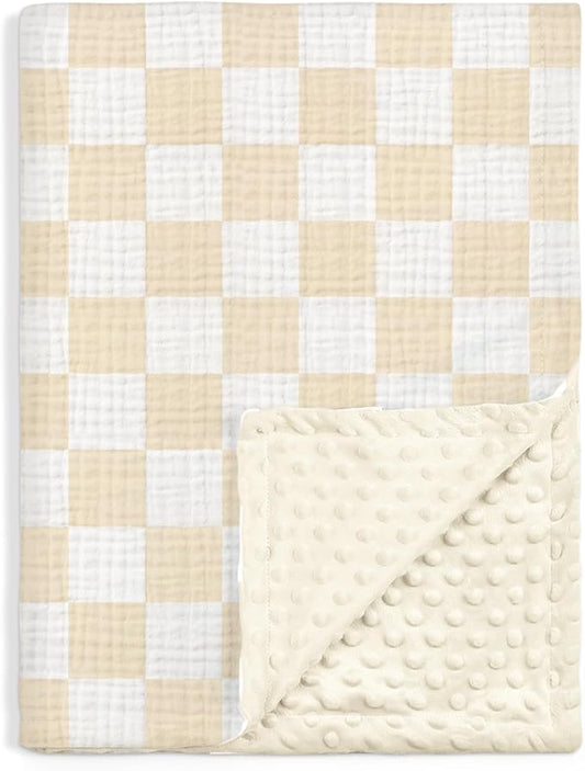 Checkered Baby Blankets for Boys Girls, Soft Nursery Minky Blankets with Muslin and Dotted Fleece Back 30x40 inches, Receiving Bed Quilt for Newborn, Infants, Toddlers