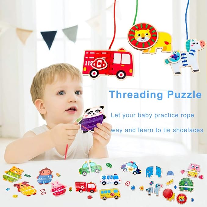 Promise Babe 5 Pack Lacing Cards Wooden Cars Block Puzzle Threading Toys Montessori Toy Sewing Cards for Toddler Educational Preschool Toys…