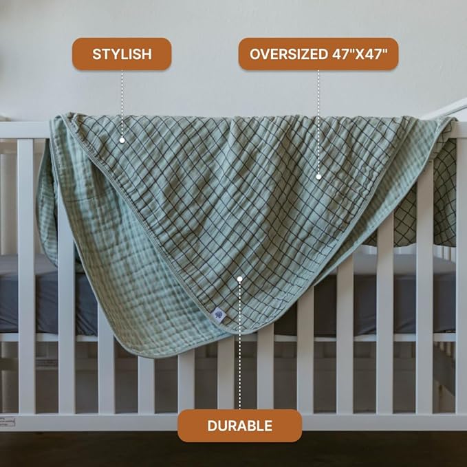 Parker Baby Muslin Blanket | 100% Soft Cotton Toddler Quilt & Baby Muslin Swaddle | Gender Neutral Design 47" x 47" Blanket