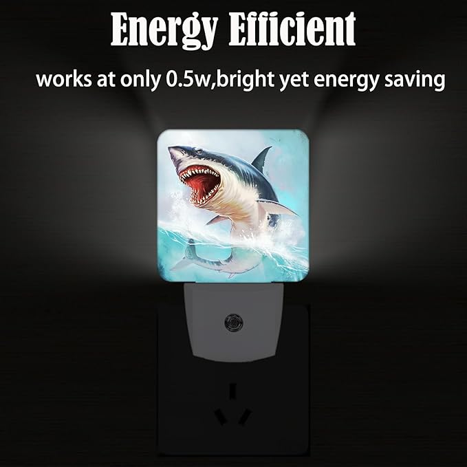 Great White Shark Night Light,Plug Into Wall for Boys Girls Bedroom Decorative Square Night Light Lamp 0.5w Sleep Friendly