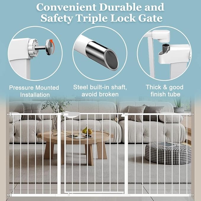 WAOWAO Triple Lock Baby Gate Extra Wide 62.59-67.32" Pressure Mounted Walk Through Swing Auto Close Safety White Metal Dog Pet Puppy Cat for Stairs,Doorways,Kitchen