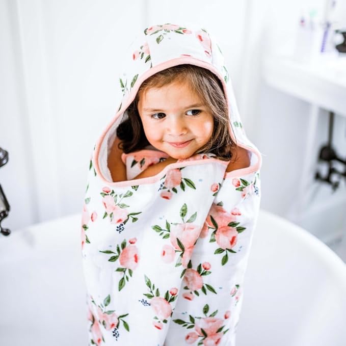 Little Unicorn Premium Hooded Bath Towel| Absorbent Cotton & Terry Blend | Larger Size, 1-6 Years (Watercolor Roses)